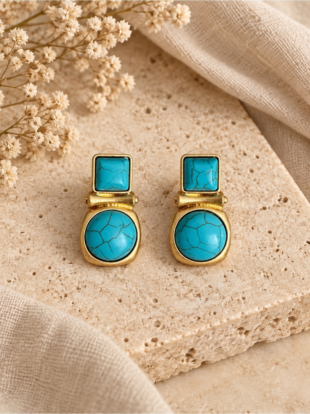 Vintage Gold  Turquoise Stone Drop Earrings